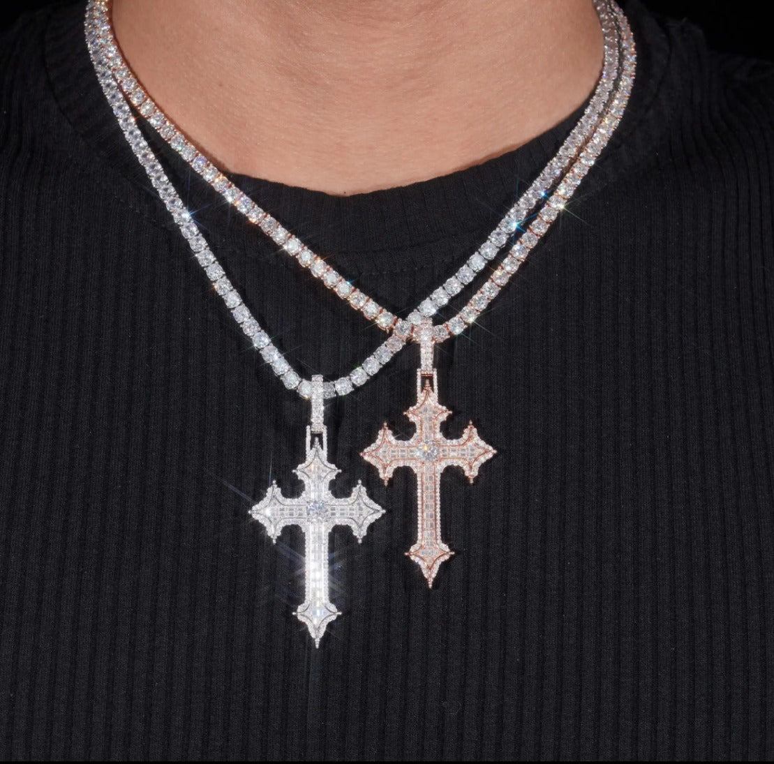 Moissanite Baguette Middle Stone Cross Pendant